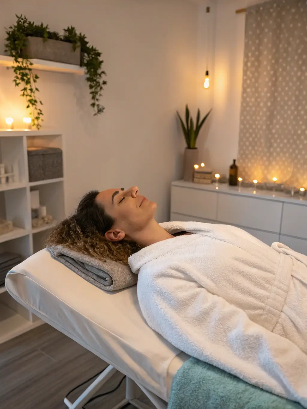 A client relaxing comfortably during a massage therapy session at Uniskin Blackeath, with soft lighting and calming music in the background. The image conveys relaxation and rejuvenation.