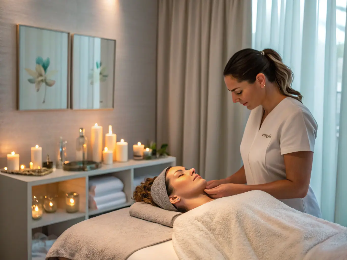 A serene image showcasing a client receiving a facial treatment, with soft lighting and a focus on relaxation and skincare products.
